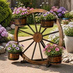Wooden Garden Wheel Plant Stand - Perfect for Outdoor Spaces 80cm