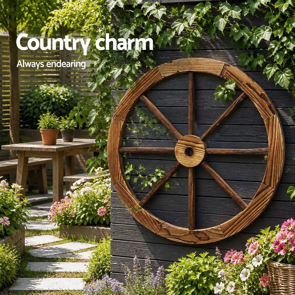 Rustic Wooden Garden Ornament 60cm Wagon Wheel Indoor Outdoor Home Decor