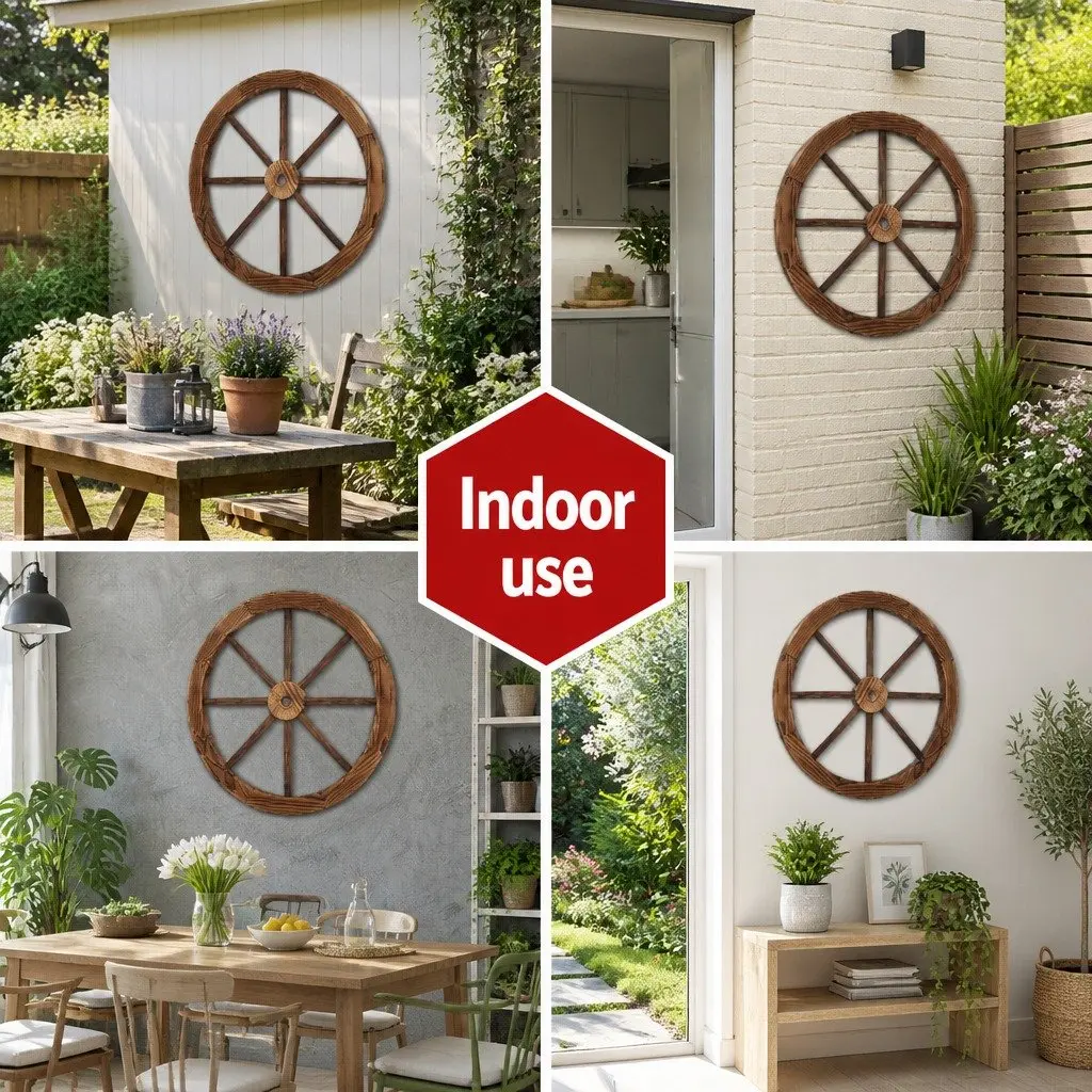 Rustic Wooden Garden Ornament 60cm Wagon Wheel Indoor Outdoor Home Decor