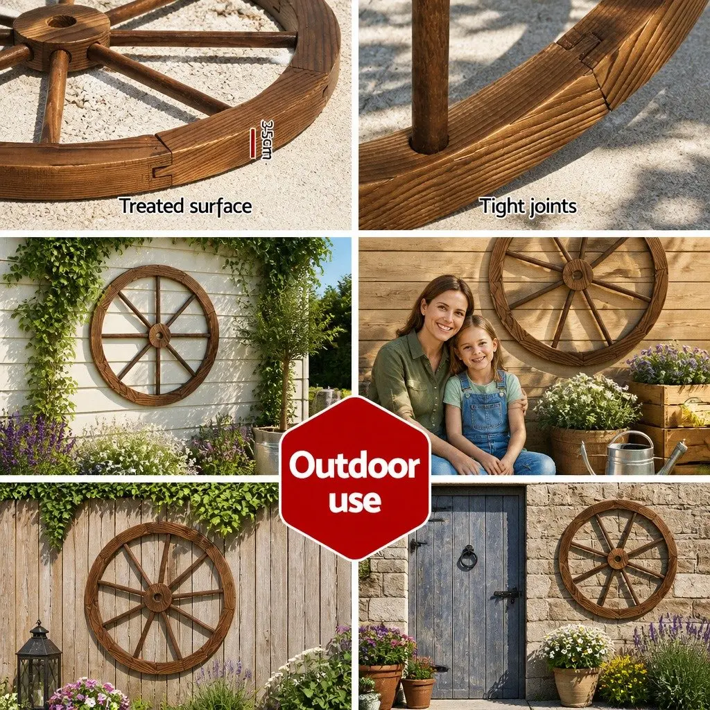 Rustic Wooden Garden Ornament 60cm Wagon Wheel Indoor Outdoor Home Decor