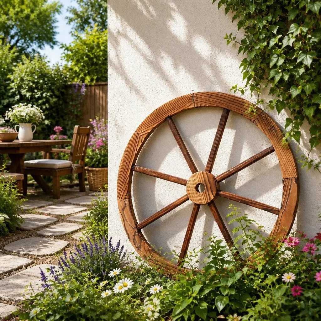 Rustic Wooden Garden Ornament 60cm Wagon Wheel Indoor Outdoor Home Decor