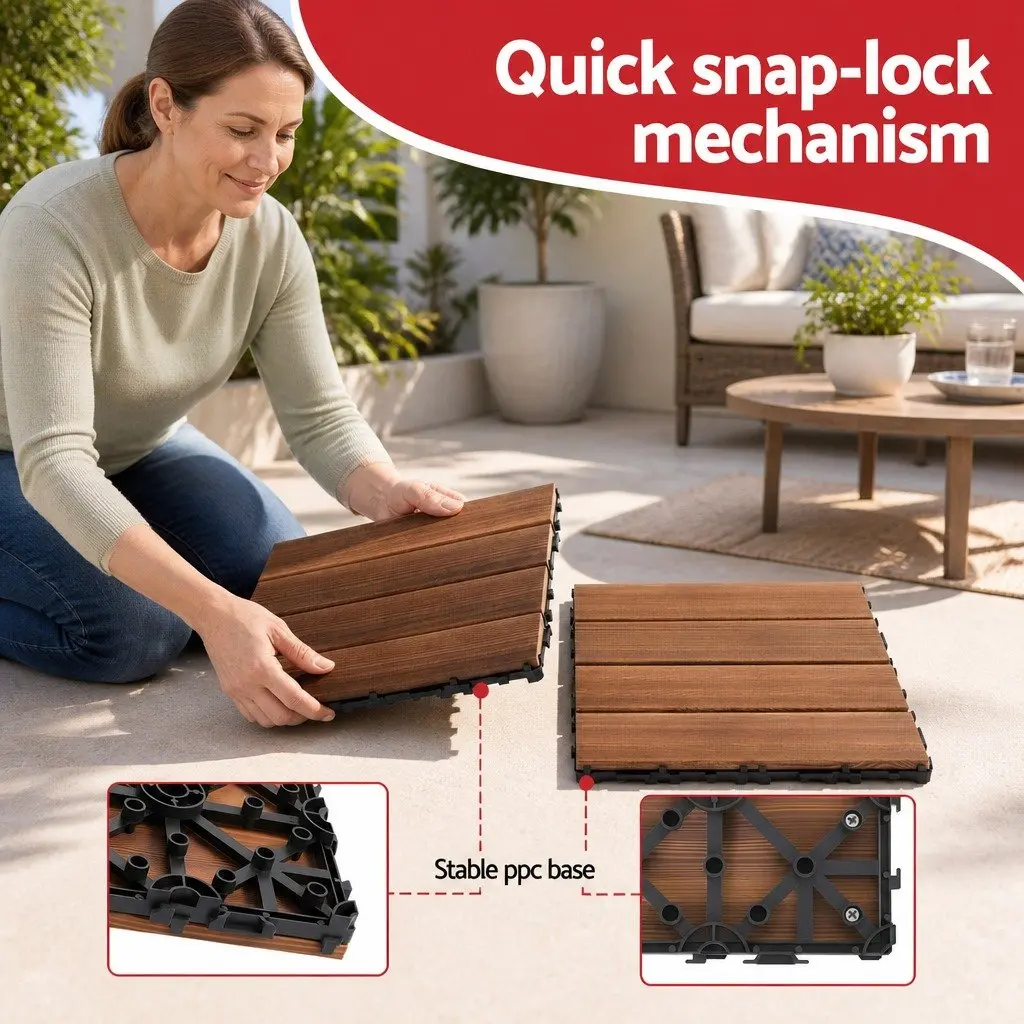 Wood Deck Tiles Pine Wood 30x30cm Brown Interlocking Patio Balcony Garden Floor