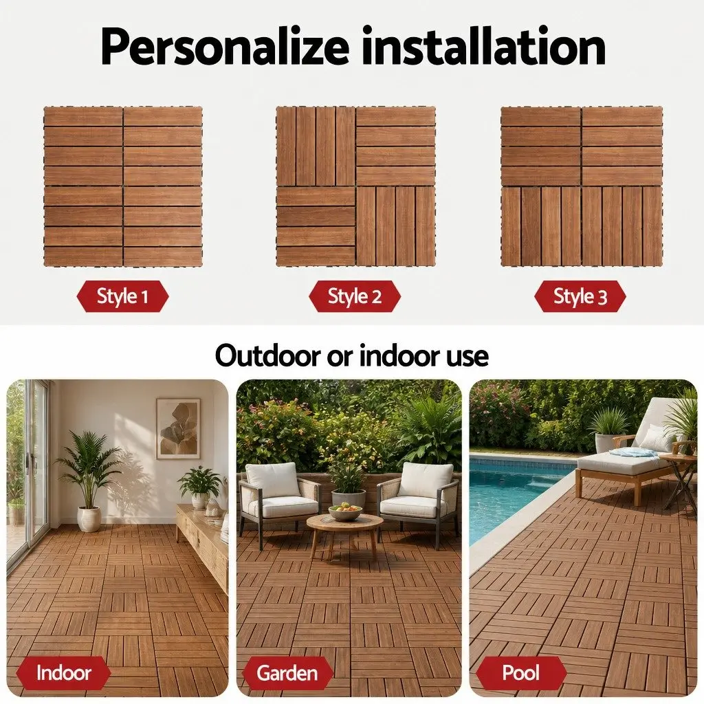 Wood Deck Tiles Pine Wood 30x30cm Brown Interlocking Patio Balcony Garden Floor