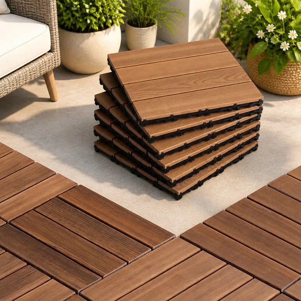Wood Deck Tiles Pine Wood 30x30cm Brown Interlocking Patio Balcony Garden Floor