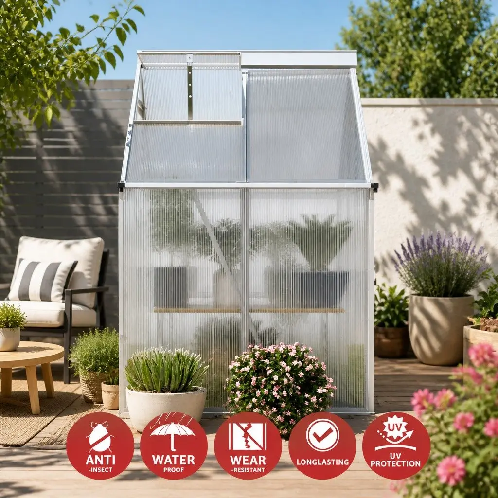 Greenhouse Aluminium Polycarbonate 1.3M x 1.9M x 2.0M Garden Storage Shed