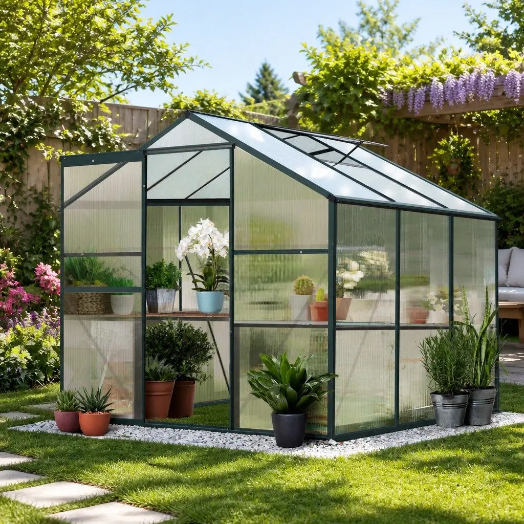 Greenhouse Aluminium 1.9x1.9x1.83M Polycarbonate Green Garden Plant Growing House Shed