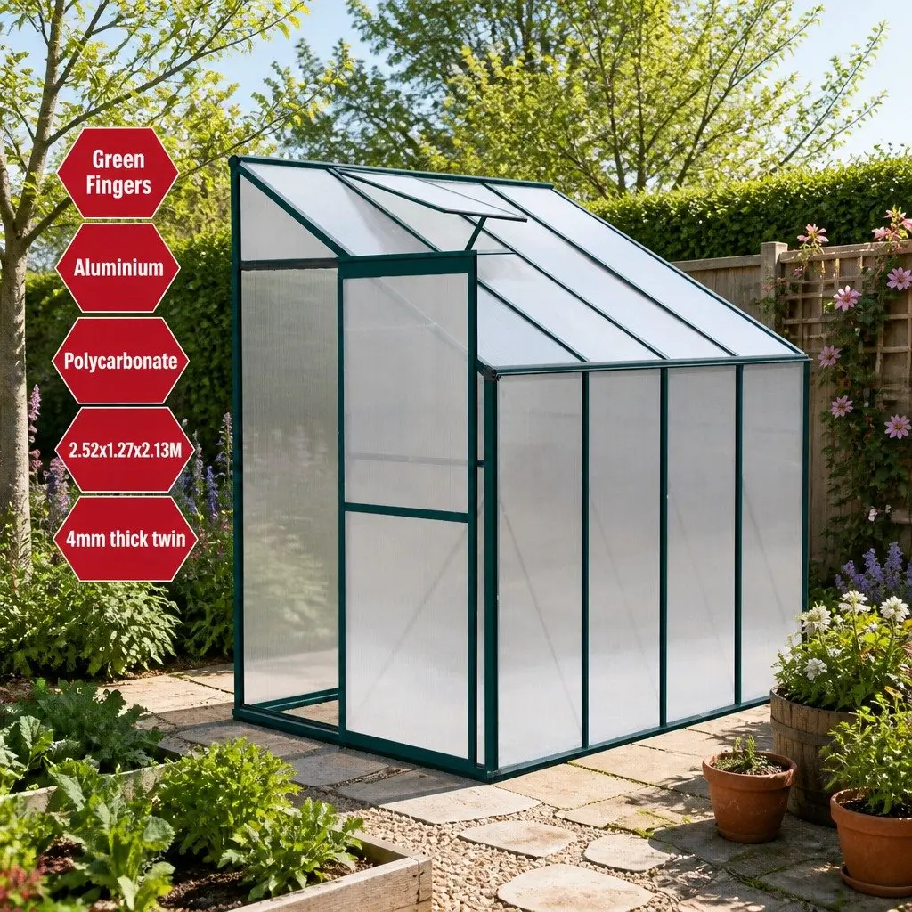 Lean-to Greenhouse Aluminium Polycarbonate 2.52x1.27x2.13M Green