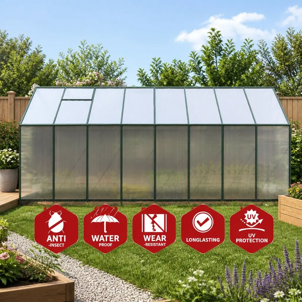 Greenhouse Aluminium Polycarbonate 5.1x2.44x2.1M Green Garden Structure with Adjustable Roof Vent and Hinged Door