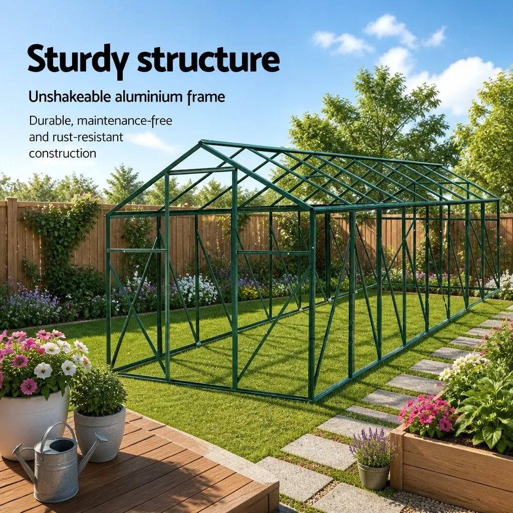 Greenhouse Aluminium Polycarbonate 5.1x2.44x2.1M Green Garden Structure with Adjustable Roof Vent and Hinged Door