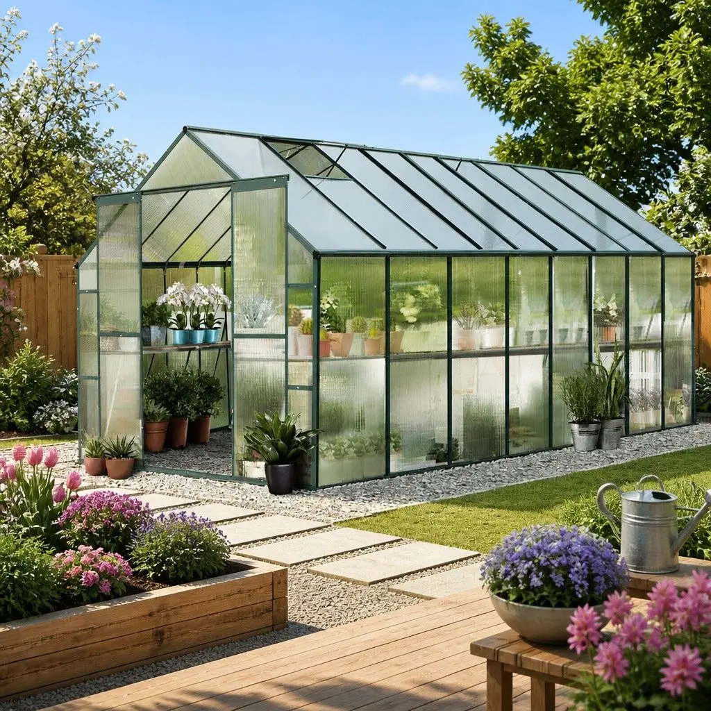 Greenhouse Aluminium Polycarbonate 5.1x2.44x2.1M Green Garden Structure with Adjustable Roof Vent and Hinged Door