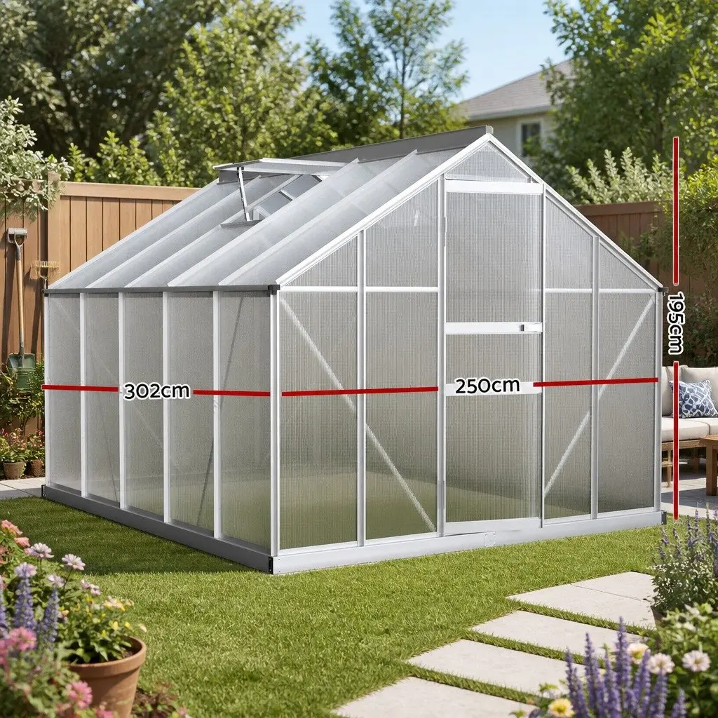 Aluminium Polycarbonate Greenhouse 3x2.5x1.95M Garden Plant Growing House Shed