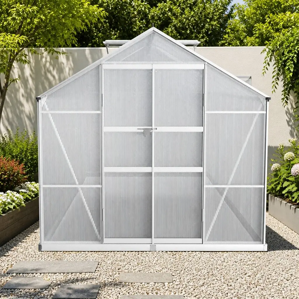 Aluminium Greenhouse 4.1x2.5x2.26M Polycarbonate Panels Double Doors Garden Shed