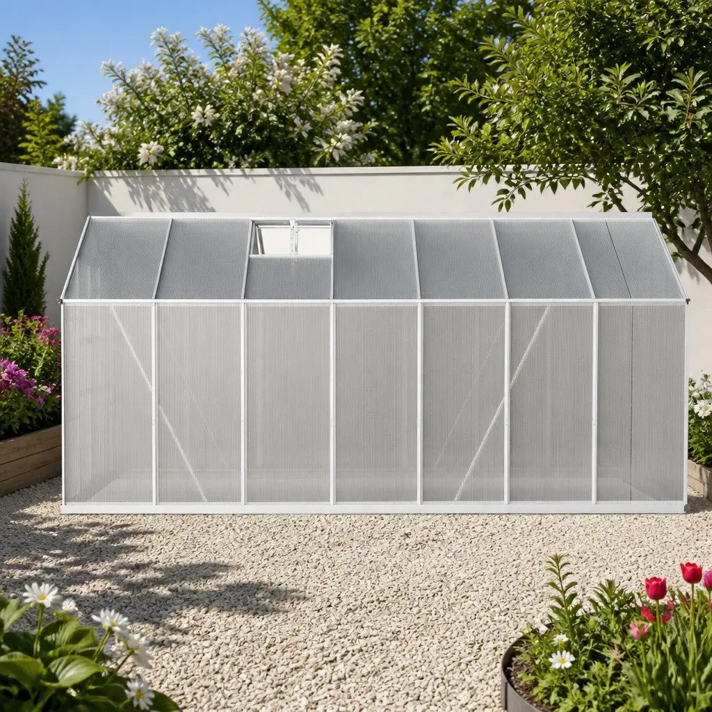 Aluminium Greenhouse 4.1x2.5x2.26M Polycarbonate Panels Double Doors Garden Shed