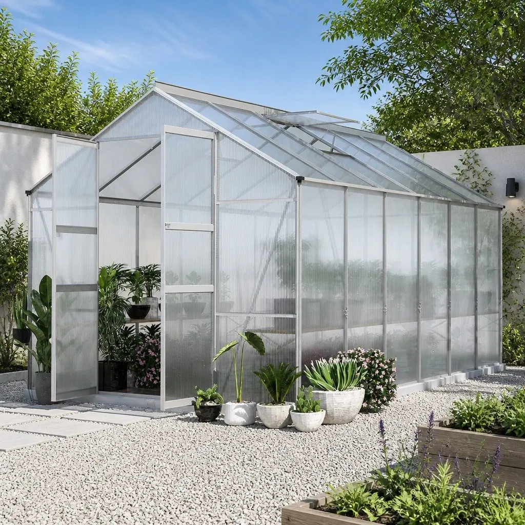 Aluminium Greenhouse 4.1x2.5x2.26M Polycarbonate Panels Double Doors Garden Shed