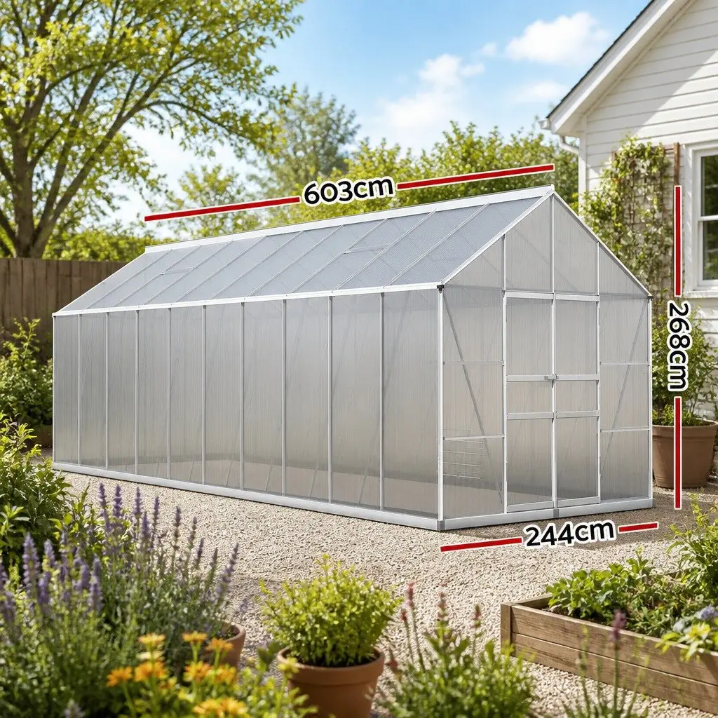 Aluminium Greenhouse 6.03x2.44x2.68M Double Doors Polycarbonate Panels Silver