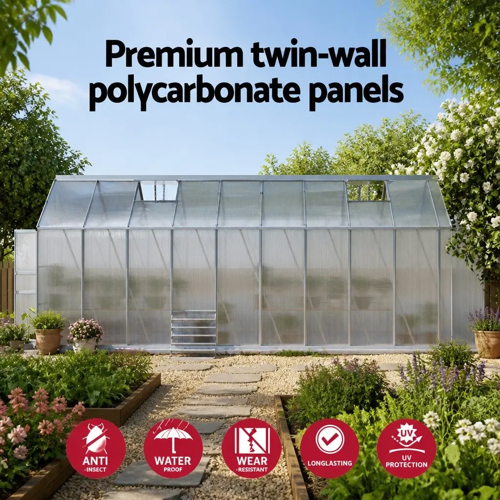 Aluminium Greenhouse 6.03x2.44x2.68M Double Doors Polycarbonate Panels Silver