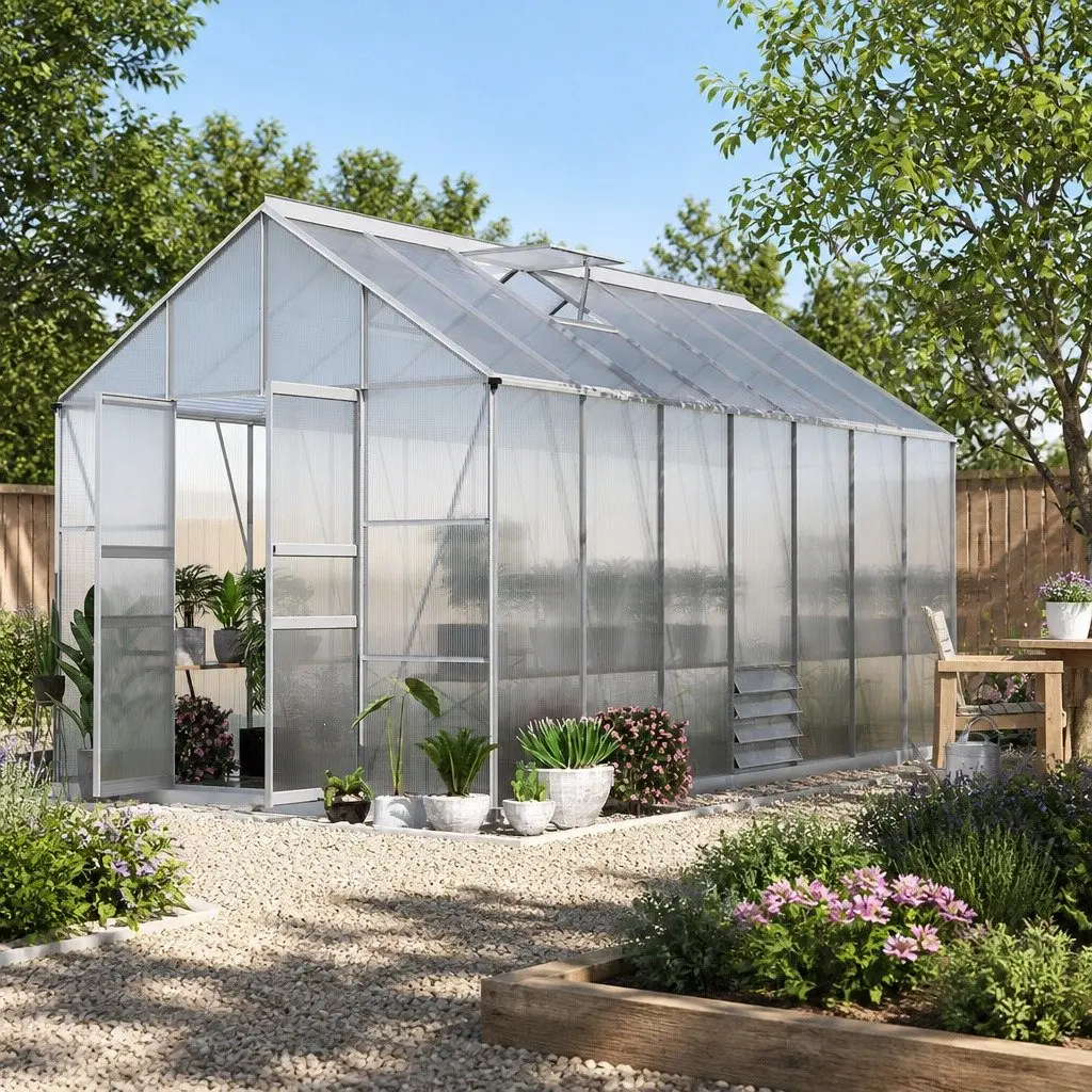 Aluminium Greenhouse 6.03x2.44x2.68M Double Doors Polycarbonate Panels Silver