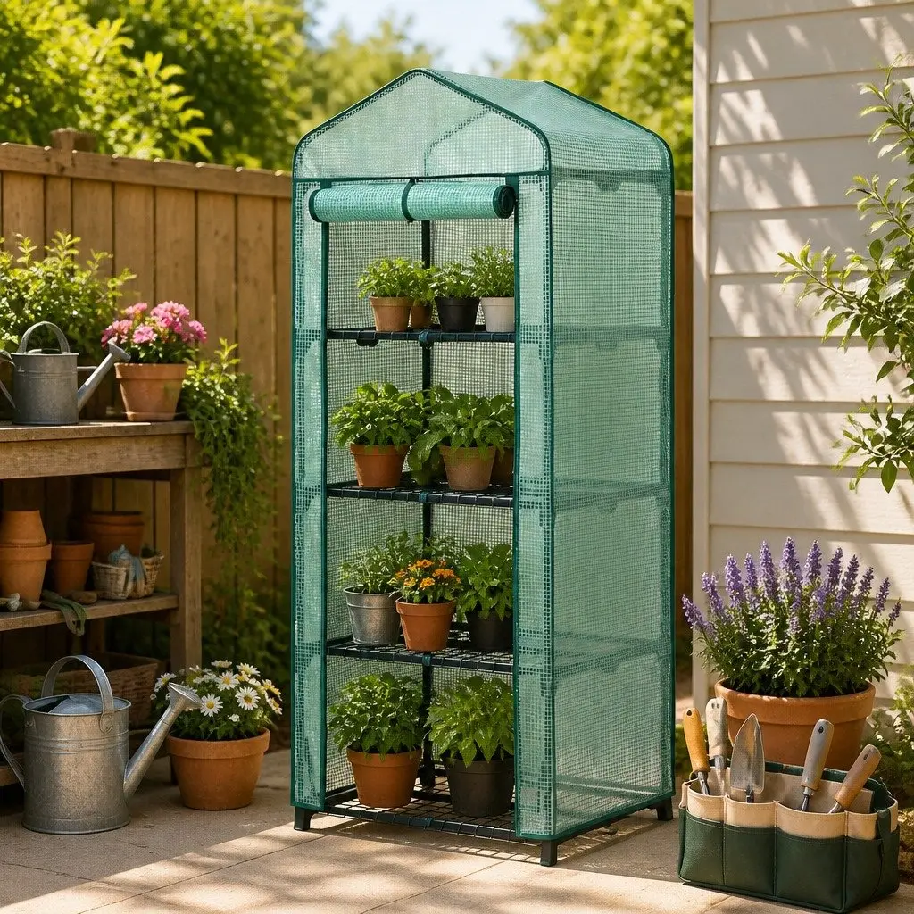 Mini Greenhouse Portable 4 Tier Plant Shelf Waterproof 70 x 50 x 160cm Green
