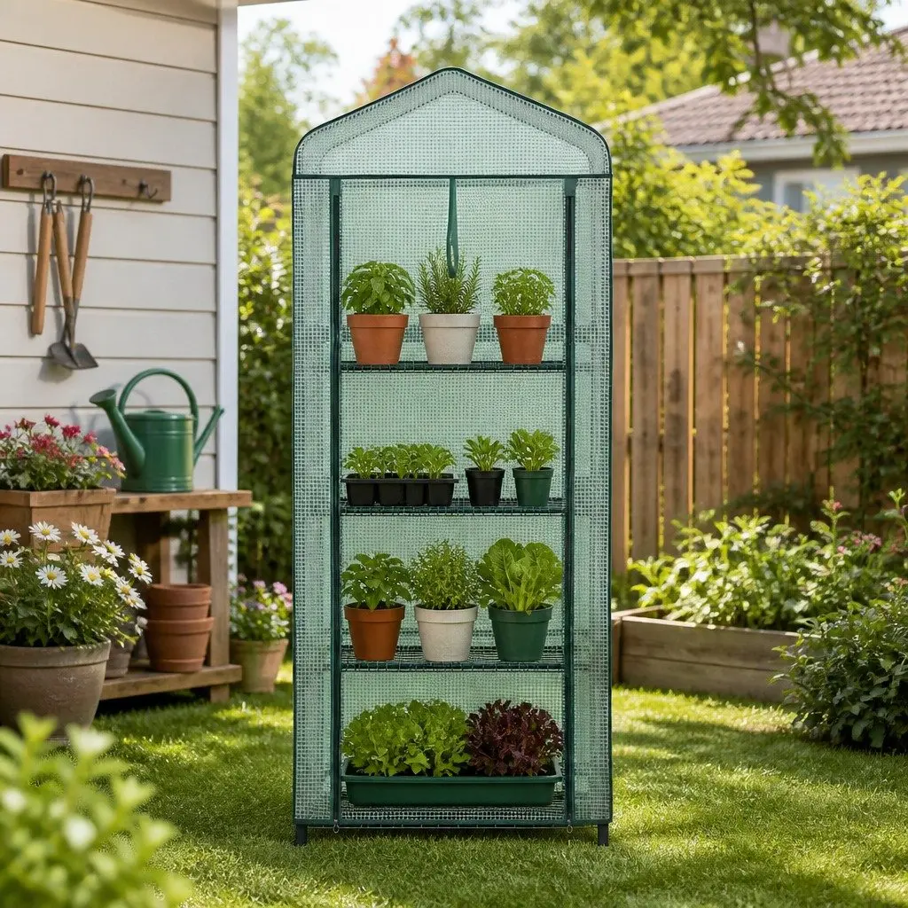 Mini Greenhouse Portable 4 Tier Plant Shelf Waterproof 70 x 50 x 160cm Green