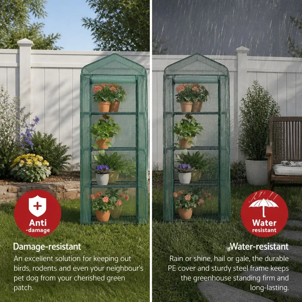 Mini Greenhouse Portable 4 Tier Plant Shelf Waterproof 70 x 50 x 160cm Green