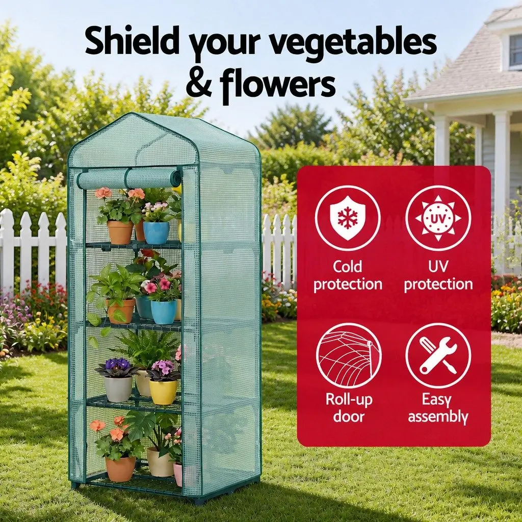 Mini Greenhouse Portable 4 Tier Plant Shelf Waterproof 70 x 50 x 160cm Green