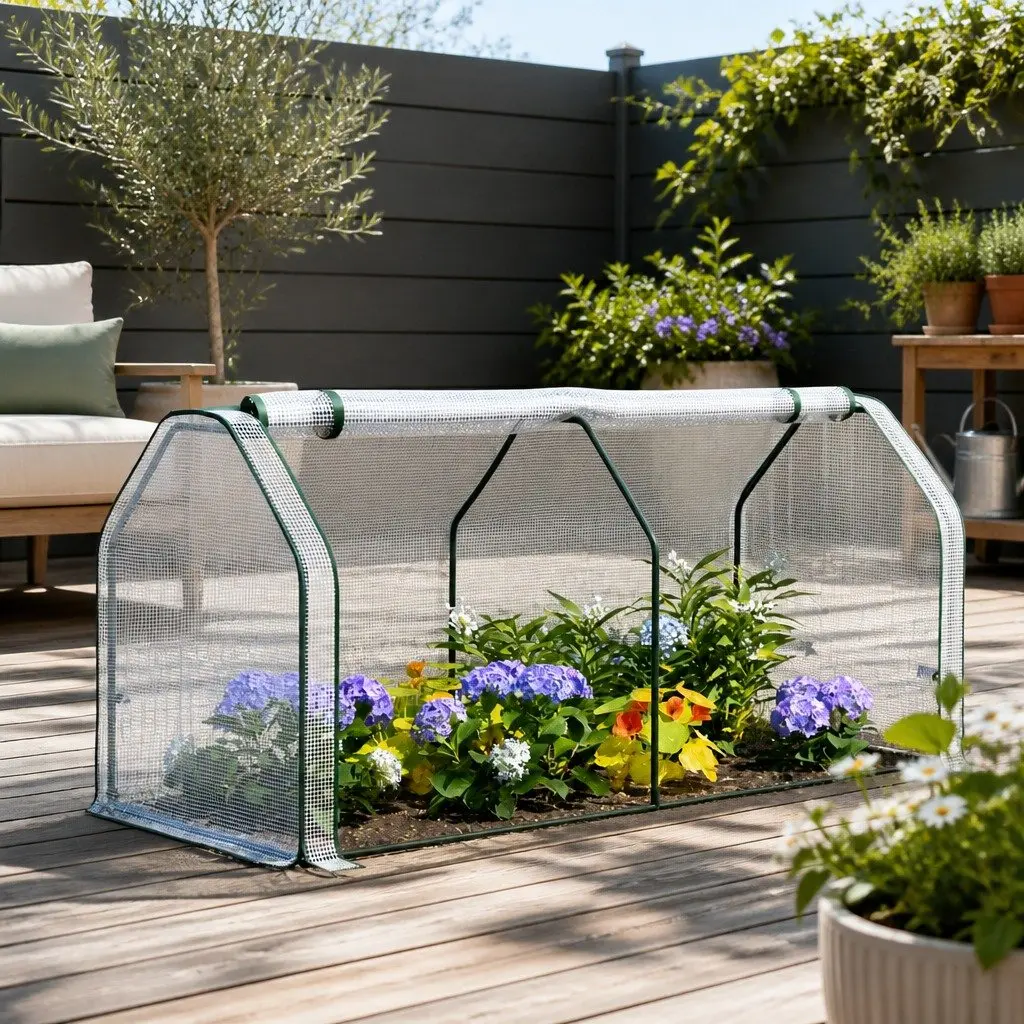 Mini Greenhouse PE Cover Roll-Up Zippered Door Small Garden Patio Deck Plants