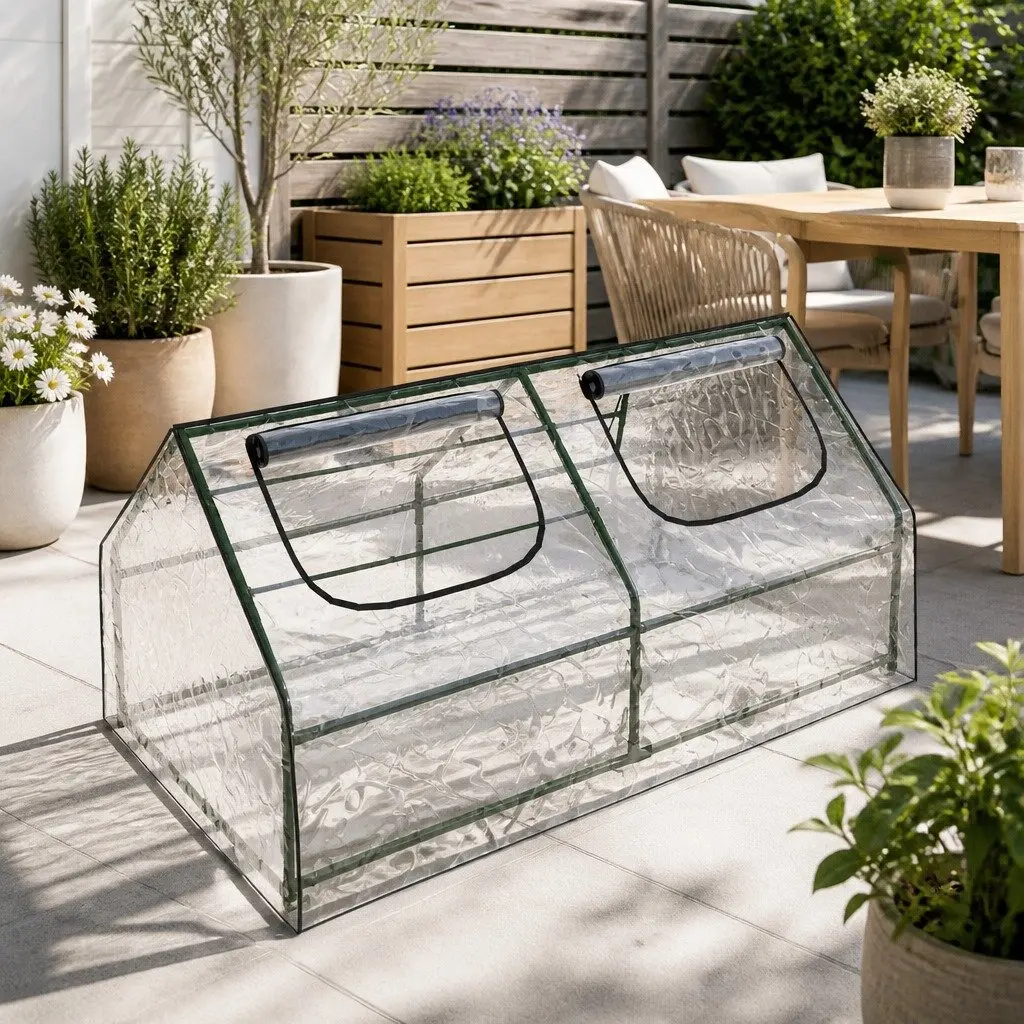 Greenhouse Waterproof PVC 1.8x0.9x0.9M Green and Transparent Raised Garden Bed Planter Box with Roll-Up Window