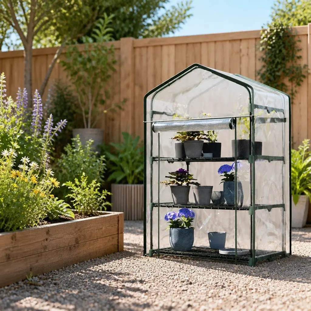 Mini Greenhouse Waterproof PVC Cover 3 Tier Planter Garden Bed Green with Transparent Panels