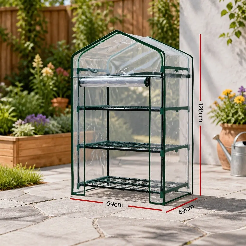 Mini Greenhouse Waterproof PVC Cover 3 Tier Planter Garden Bed Green with Transparent Panels