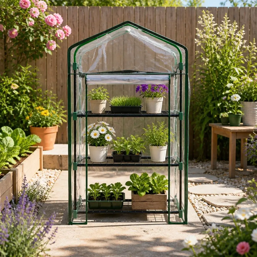 Mini Greenhouse Waterproof PVC Cover 3 Tier Planter Garden Bed Green with Transparent Panels