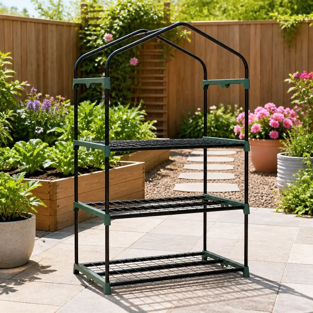 Mini Greenhouse Waterproof PVC Cover 3 Tier Planter Garden Bed Green with Transparent Panels