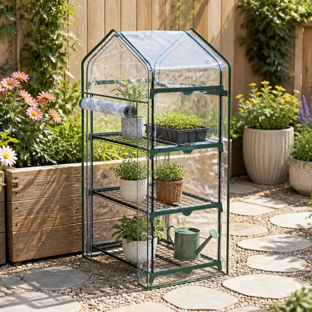 Mini Greenhouse Waterproof PVC Cover 3 Tier Planter Garden Bed Green with Transparent Panels