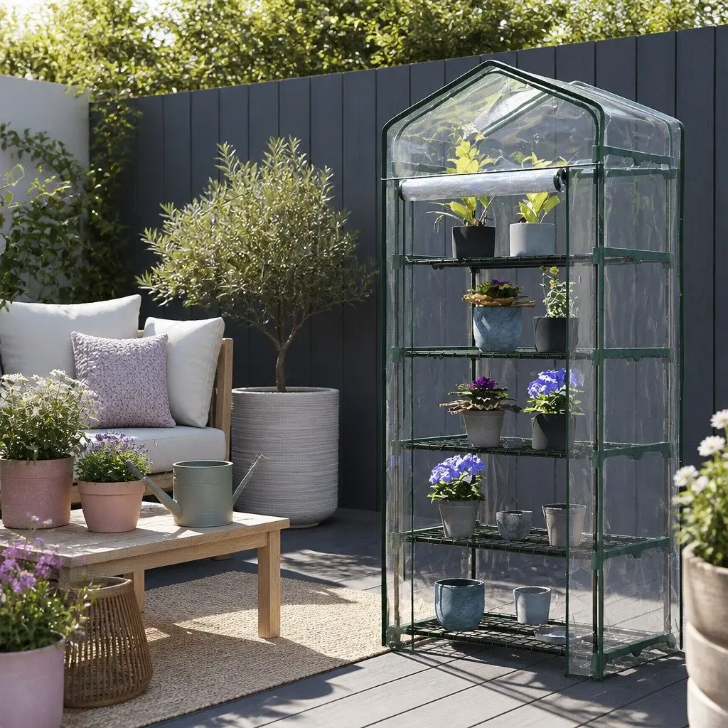 Greenhouse 5 Tier Mini Garden Bed Planter Box Deck Patio Shelves Roll-Up Door