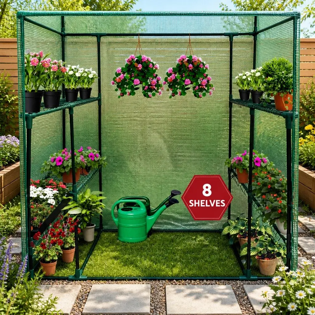 Walk-In Greenhouse Tunnel 1.4x1.55x2M Garden Plant Shed 8 Shelves Portable