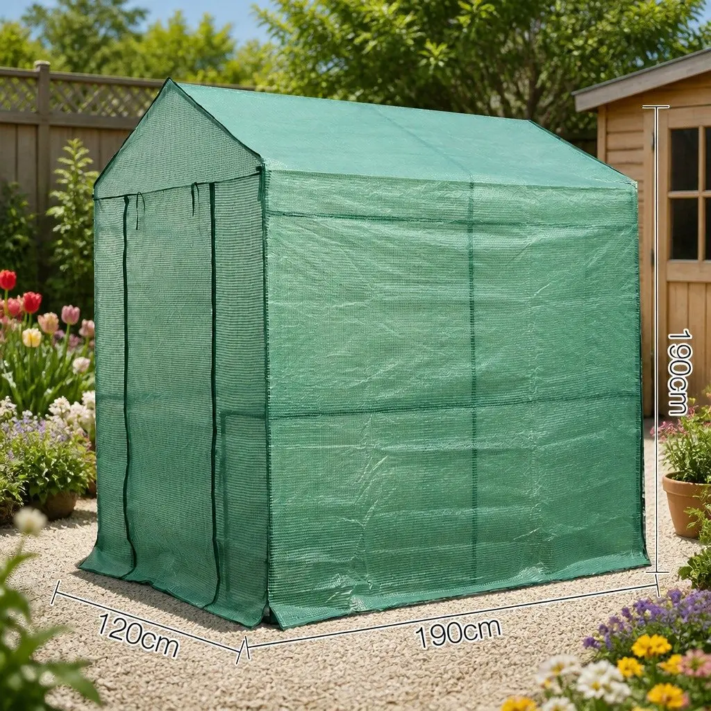 Walk in Greenhouse Galvanised Steel 1.2x1.9x1.9M Green with 4 Shelves