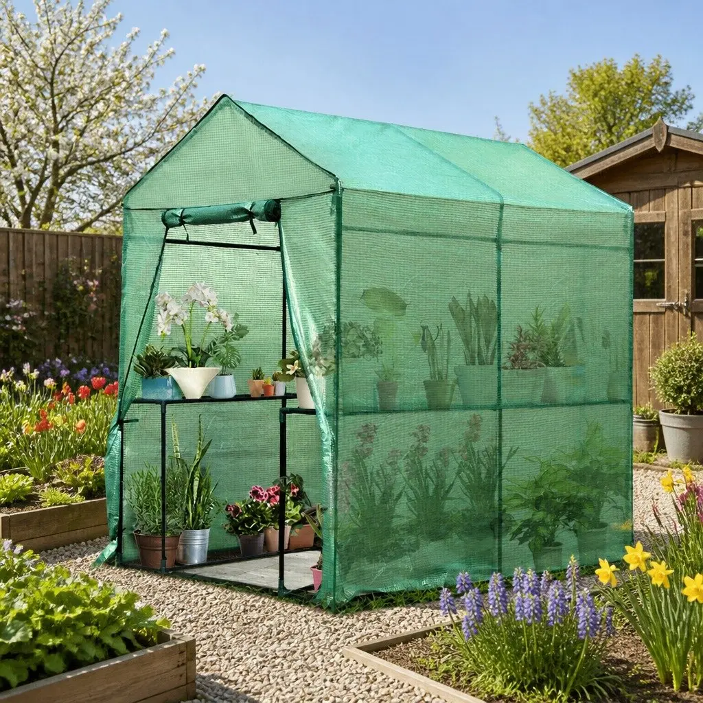 Walk in Greenhouse Galvanised Steel 1.2x1.9x1.9M Green with 4 Shelves