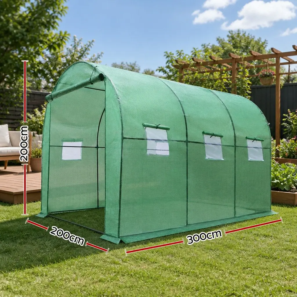 Walk-In Greenhouse Powder Coated Steel 3x2x2M Green Tunnel Plant Dome Shed Roll-Up Door Mesh