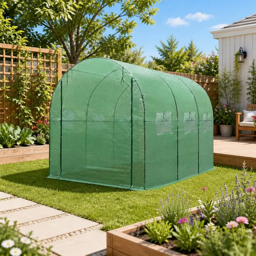 Walk-In Greenhouse Powder Coated Steel 3x2x2M Green Tunnel Plant Dome Shed Roll-Up Door Mesh
