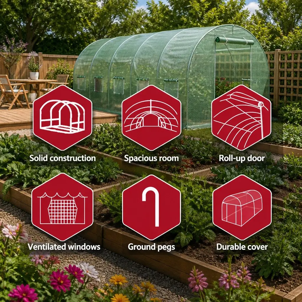 Walk-In Greenhouse Powder Coated Steel 3x2x2M Green Tunnel Plant Dome Shed Roll-Up Door Mesh