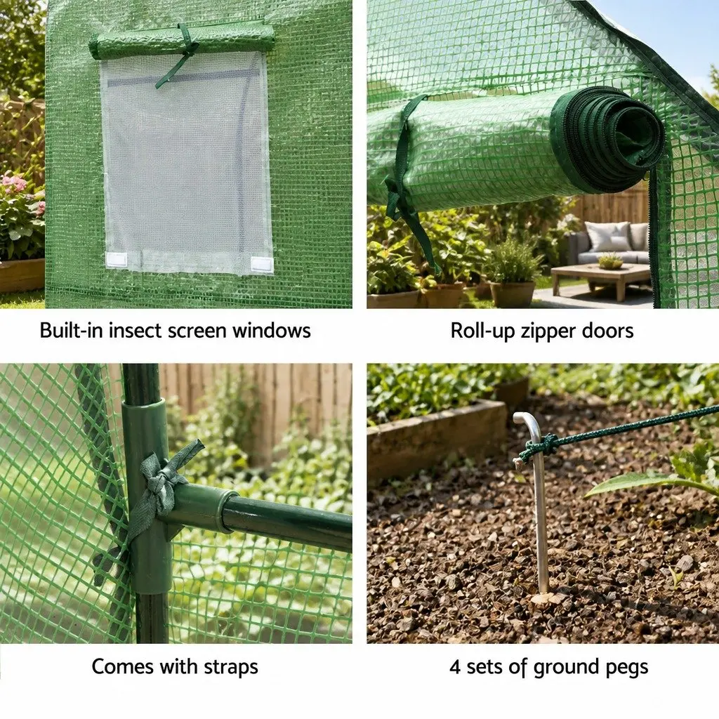 Walk-In Greenhouse Powder Coated Steel 3x2x2M Green Tunnel Plant Dome Shed Roll-Up Door Mesh