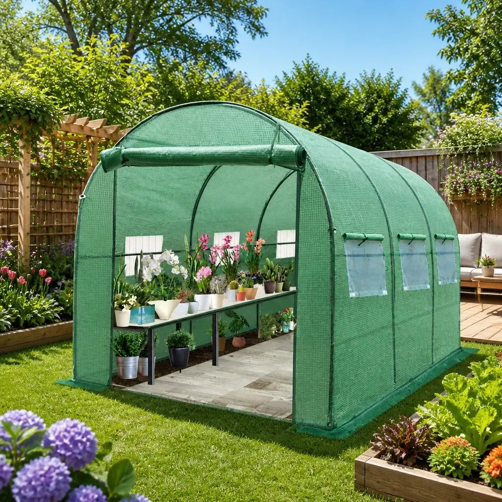 Walk-In Greenhouse Powder Coated Steel 3x2x2M Green Tunnel Plant Dome Shed Roll-Up Door Mesh