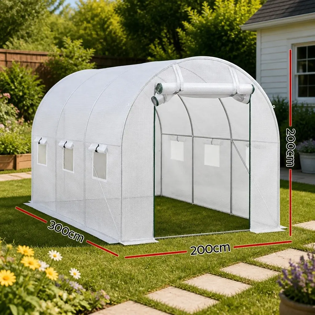 Greenhouse PE Cover Steel Frame Roll-up Door 3x2x2M White Outdoor Garden