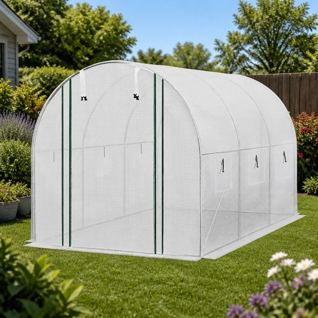 Greenhouse PE Cover Steel Frame Roll-up Door 3x2x2M White Outdoor Garden