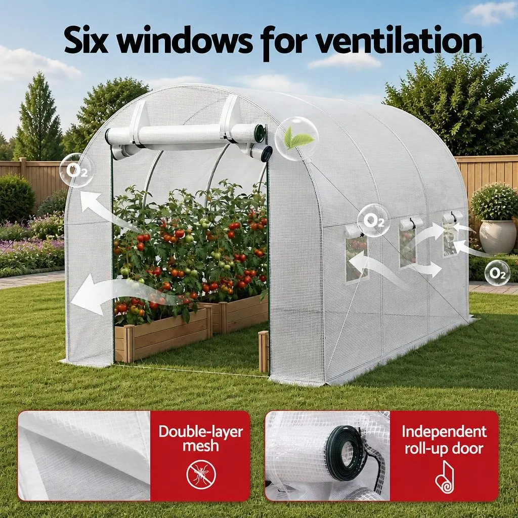 Greenhouse PE Cover Steel Frame Roll-up Door 3x2x2M White Outdoor Garden