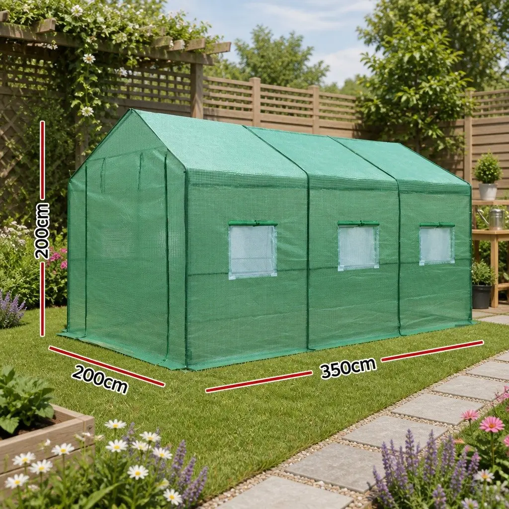 Walk In Greenhouse Tunnel Galvanised Steel 3.5M x 2M x 2M Green PE Cover