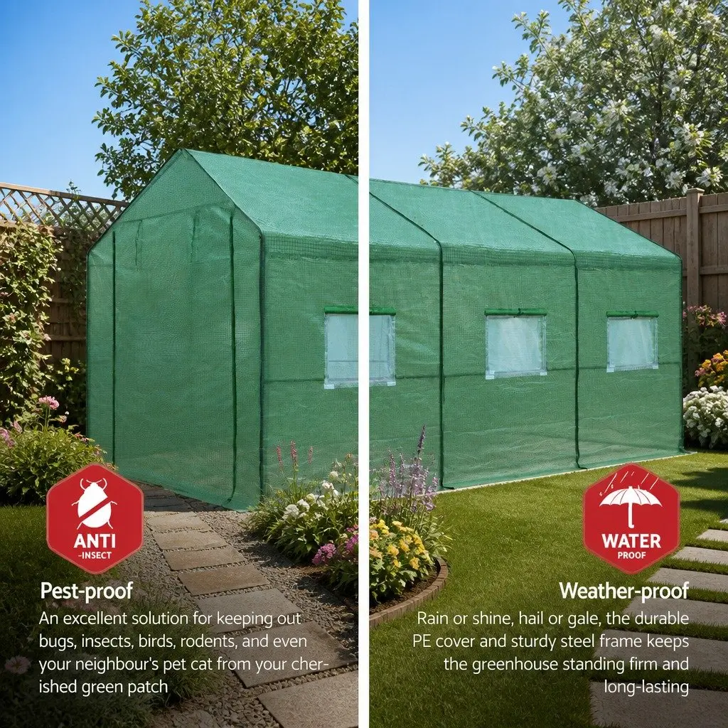 Walk In Greenhouse Tunnel Galvanised Steel 3.5M x 2M x 2M Green PE Cover