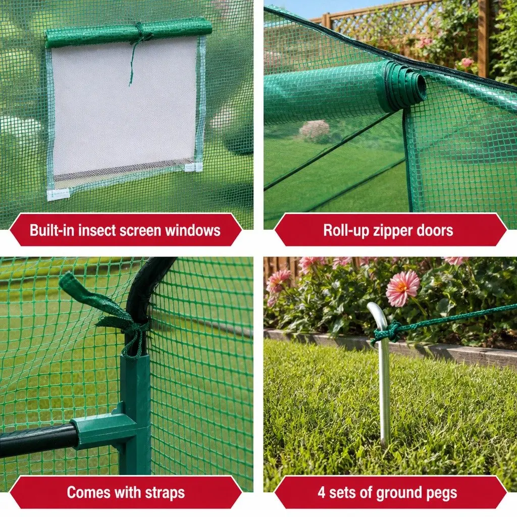 Walk In Greenhouse Tunnel Galvanised Steel 3.5M x 2M x 2M Green PE Cover