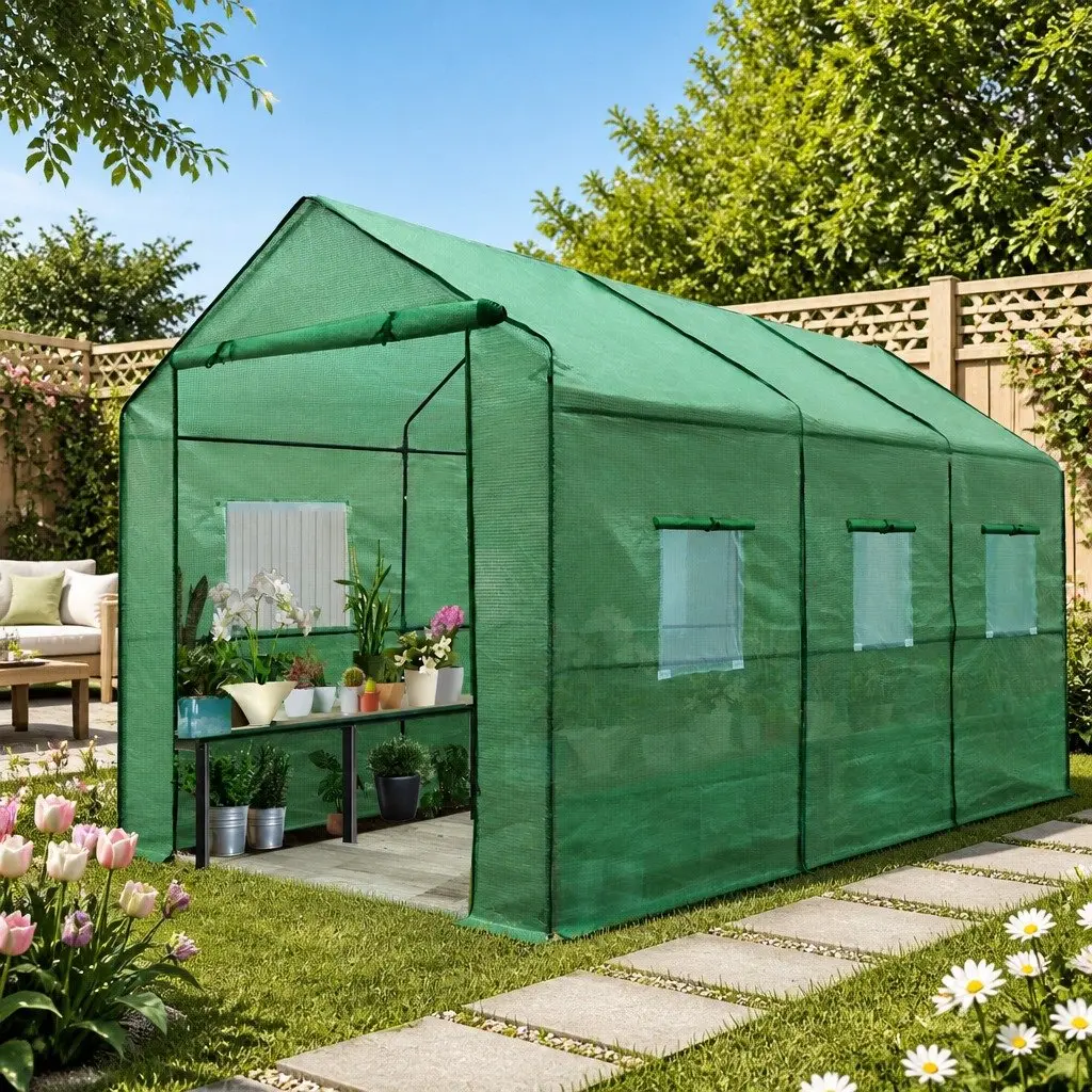 Walk In Greenhouse Tunnel Galvanised Steel 3.5M x 2M x 2M Green PE Cover