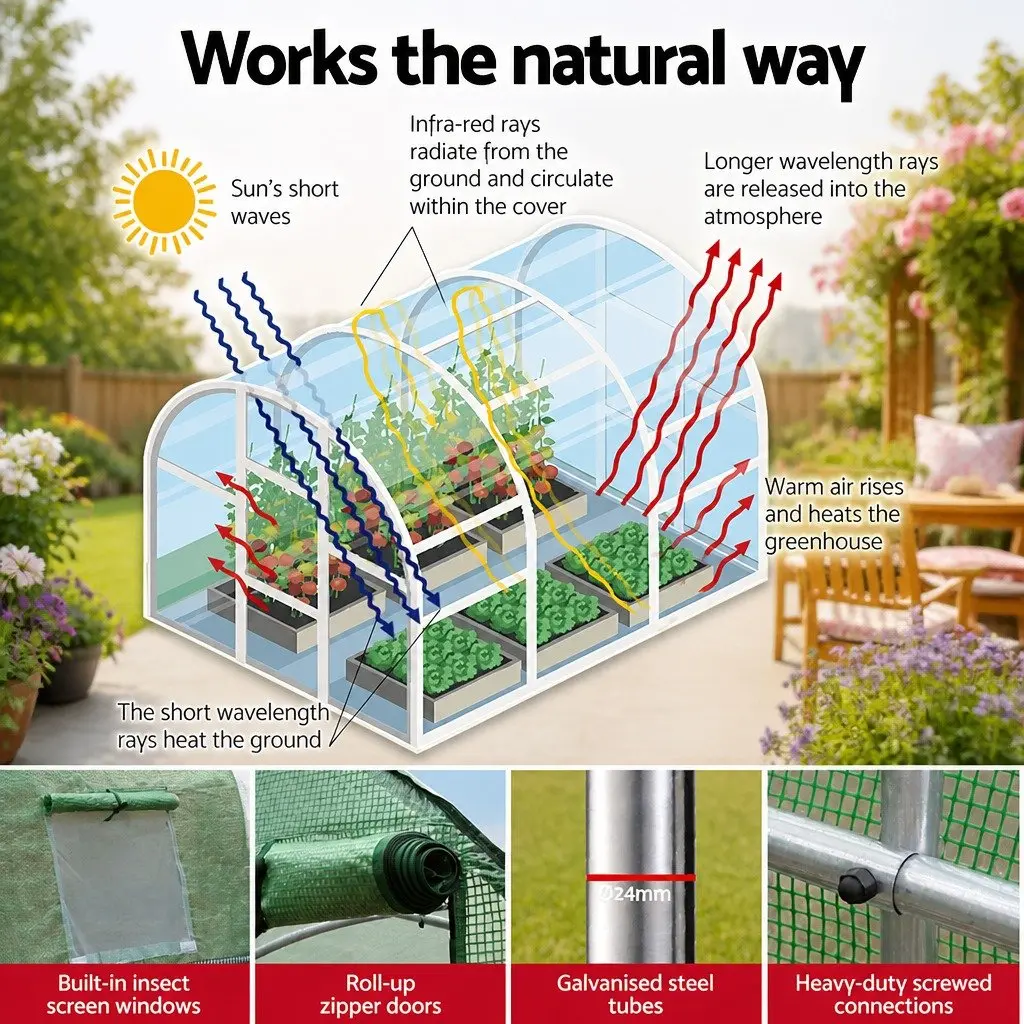 Greenhouse Galvanised Steel Frame 6x4x2M Green Walk-in Tunnel Plant Garden Shed