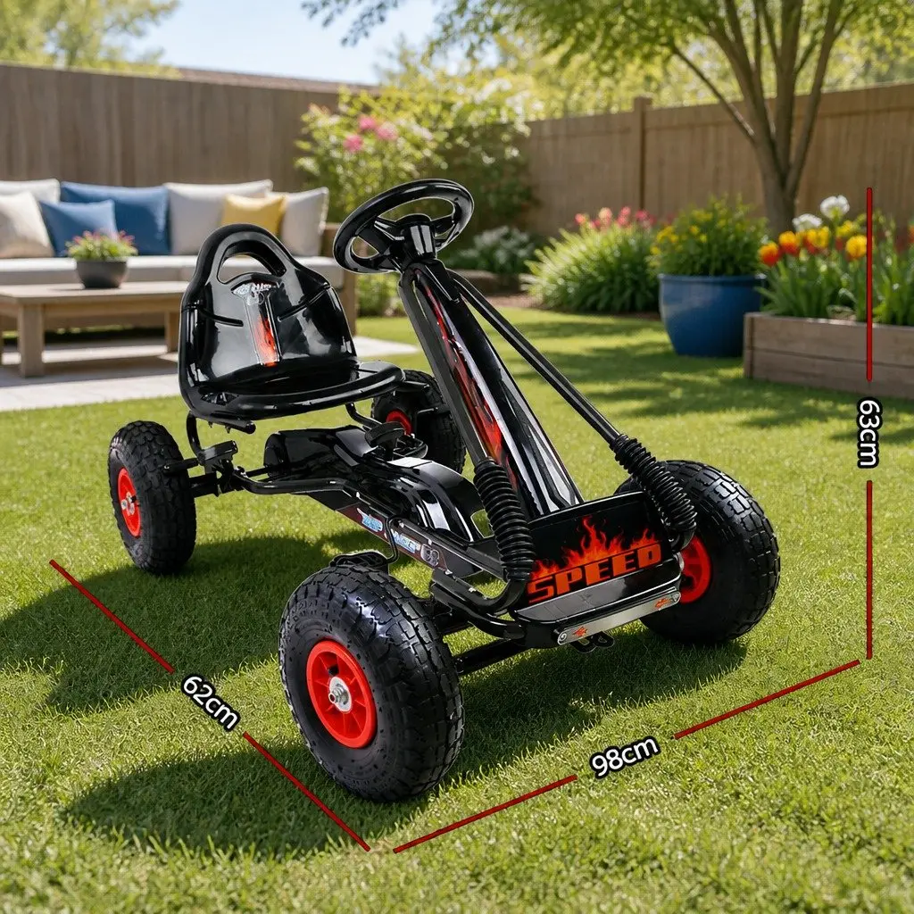 Kids Pedal Go Kart Steel Frame Adjustable Seat Black Rubber Tyres